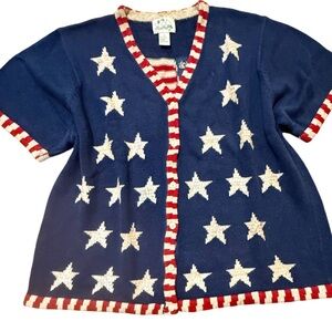 EUC Women’s Quacker Factory Navy SS Sweater Americana Patriotic Flag Sequins